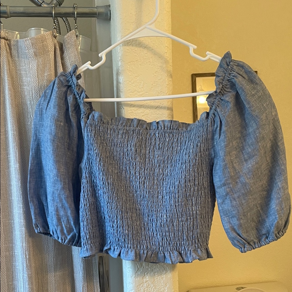 Boden Blue Smocked Off-Shoulder Crop Top